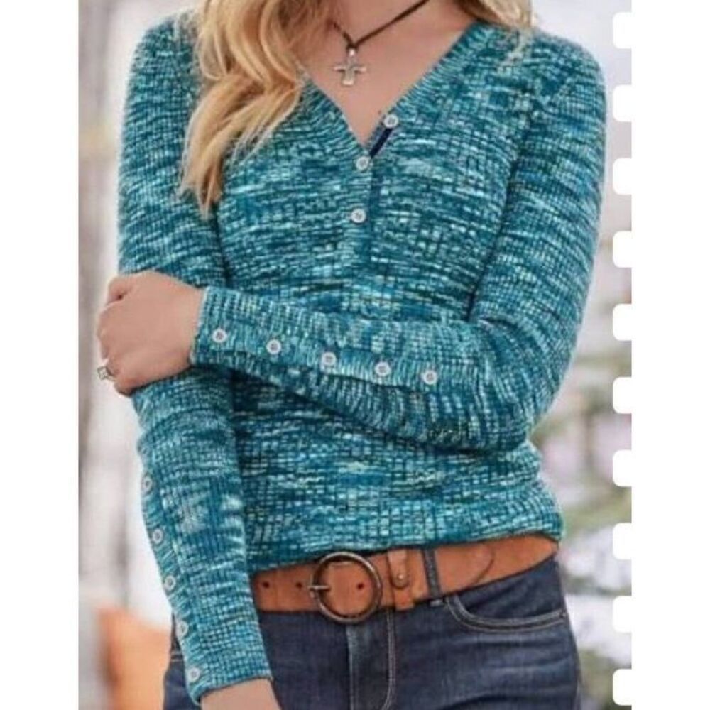 Sundance Blue Create Beauty Henley V neck ribbed thermal XS